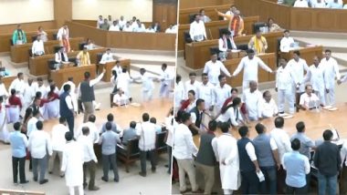 Ruckus in Tripura Assembly Video: Opposition MLAs Engage in ‘Walking on Table’ and ‘Human Chain’ Acts Demanding Action Against BJP MLA Jadab Lal Debnath for Allegedly Watching Porn in House