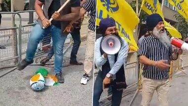 Tricolour Desecrated by Khalistan Supporters in Canada Video: Khalistanis Insult Tiranga, Hurl Abuses at 'Bharat Mata' During Protest; Indian Man Counters (Viewer Discretion Advised)