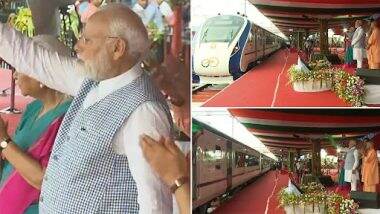 PM Narendra Modi Flags Off Gorakhpur-Lucknow and Jodhpur-Ahmedabad Vande Bharat Express Trains in Gorakhpur (Watch Video)