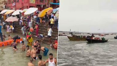 Uttar Pradesh Rains: Stairs of Ghats and Small Temples Submerged in Varanasi After Water Level of Ganga River Increases Due to Torrential Rain (Watch Video)