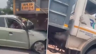 Karnataka Shocker! Car Gets Stuck Beneath Tipper's Chassis, Truck Driver Drags it For Nearly Two Kilometers in Udupi (Watch Video)