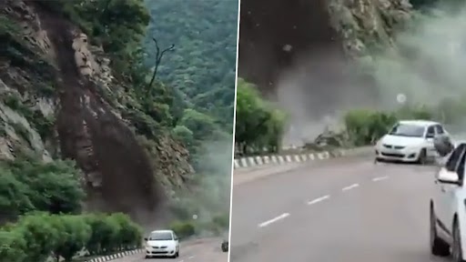 Tourists Escape Land Slide in Himachal Pradesh Video: Car Narrowly Escapes Mountain Rock as Debris Falls Over it on Parwanoo Shimla Highway