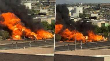 US Fire Videos: Massive Blaze Erupts at Propane Tank Yard Near Phoenix Sky Harbour Airport in Arizona, Terrifying Footages Show Tall Flames and Huge Clouds of Smoke