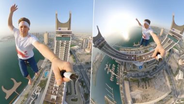 Slackline Walk Video: Jaan Roose Walks on Slackline Hanging Between Crescent-Shaped Towers in Qatar, Clip of Terrifying Act Will Leave You Stunned