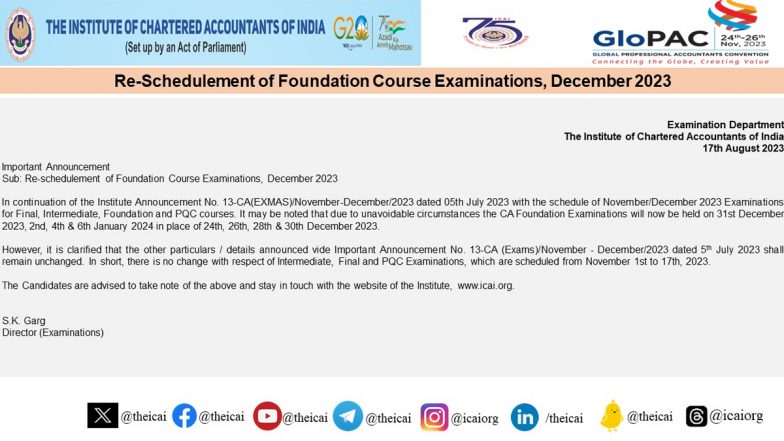 CA Foundation Exam 2023 New Dates: ICAI Reschedules Foundation Course Examinations, Check Latest Timetable Here