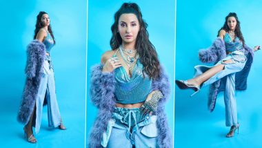 Nora Fatehi is a Stunner in Shimmery Blue Halterneck Top and Matching Fur Coat Paired With Denim Pants (See Pics)