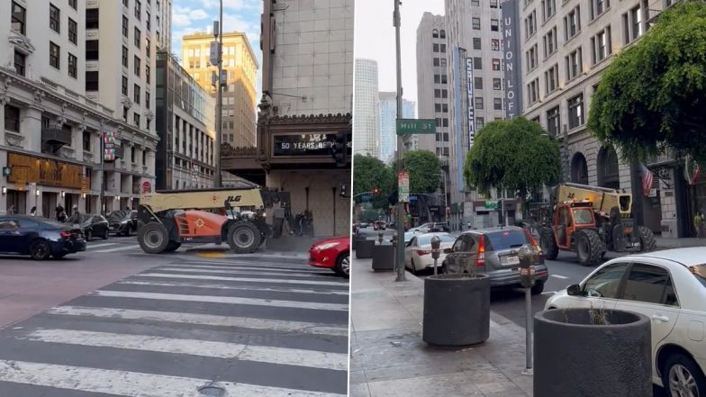 US: Suspect in Custody After He Crashes Stolen Forklift Into Apple Theater, World Peace Bell in Downtown Los Angeles (Watch Video)