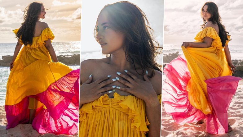 Sonakshi Sinha Gives Off Beach Princess Vibes in a Gorgeous Pink and Yellow Off-Shoulder Dress (View Pics)