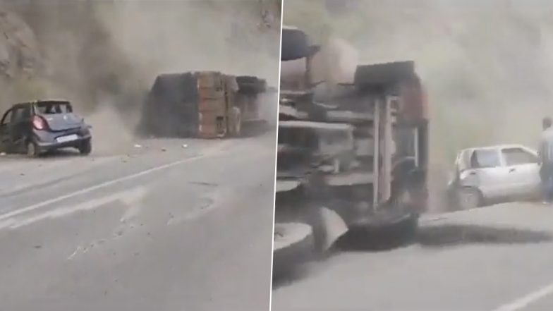 Himachal Pradesh Road Accident Video: At Least Two Killed as Speeding Truck Crashes and Overturns on Other Vehicles in Shimla