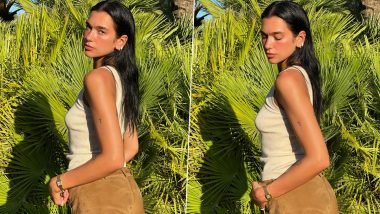 Dua Lipa Flaunts Her ‘Sun Bum’ in a Beige Crop Top and Suede Shorts (View Pics)