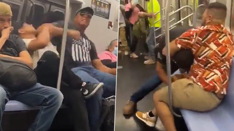 New York Train Brawl Video: Man Hurls Insults and Aggressively Punches a Fellow Passenger Who Falls Asleep on His Shoulder (Watch)