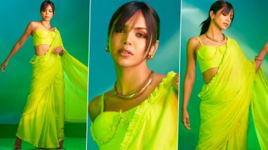 Shriya Pilgaonkar Looks Gorgeous in a Neon Green Fringed Saree With a Matching Bralette (See Pics)