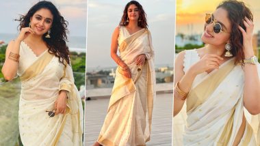 Keerthy Suresh Spells Elegance in White Kasavu Saree (See Pics)