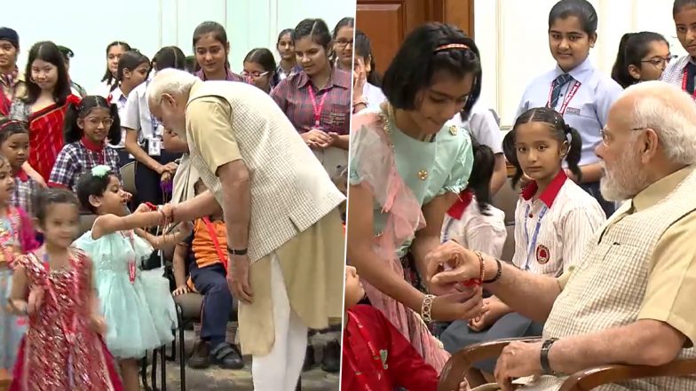 Raksha Bandhan 2023: School Girls Tie Rakhi to PM Narendra Modi in Delhi (Watch Video)