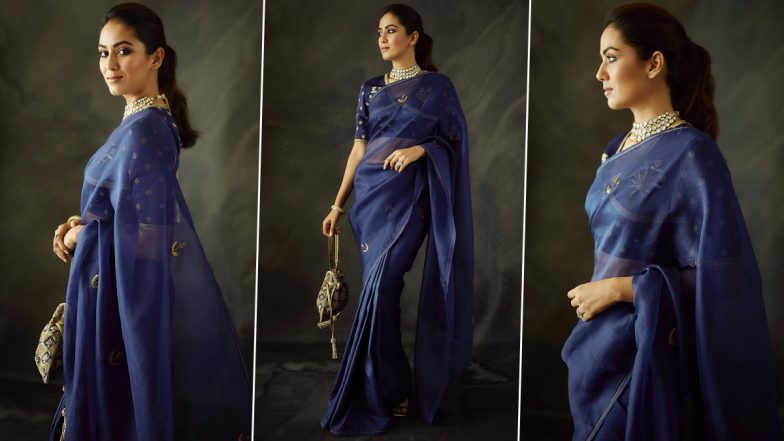 Mira Rajput Exudes Elegance in Blue Saree Paired With Matching Blouse (See Pics)