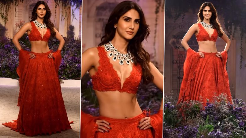 India Couture Week 2023: Vaani Kapoor Casts Magical Spell in Red Chikankari Lehenga As She Walks the Ramp for Isha Jajodia at ICW (Watch Video)