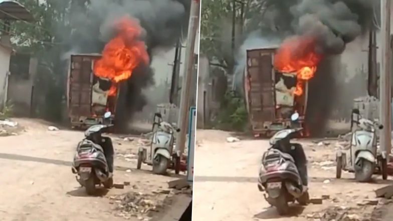 Ghaziabad Truck Fire Video: Driver, Conductor Die After Vehicle Bursts into Flame Following Collision with High Tension Wire in Muradnagar