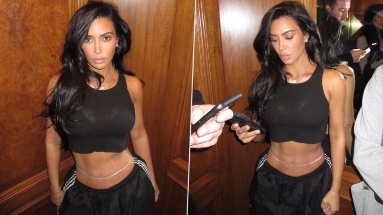 Kim Kardashian Shows Off Her Chiselled Abs in a Black See-Through Crop Top and Joggers (View Pics)