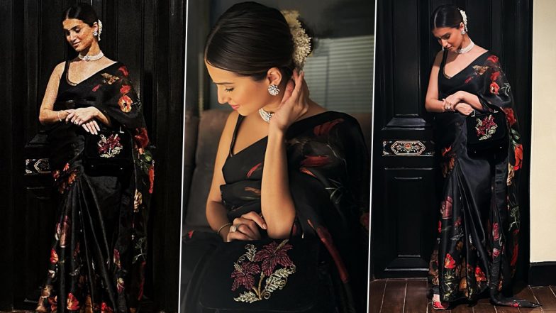 Tara Sutaria Oozes Royal Vibes in a Printed Black Satin Saree (See Pics)