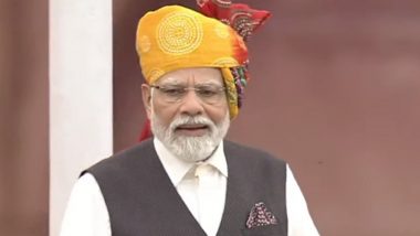 PM Modi Wears Bandhani Print Turban on Independence Day 2023 as Indian Prime Minister Continues With Flamboyant Pagadi Tradition (View Pics)