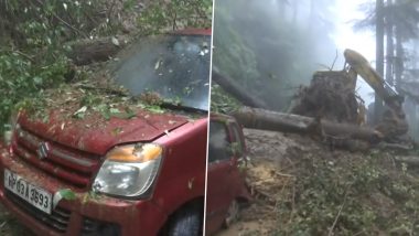 Himachal Pradesh Landslide Video: Vehicles Damaged, Trees Uprooted After Landslide Hit Dudhli Region in Shimla, Road Clearing Operation Underway