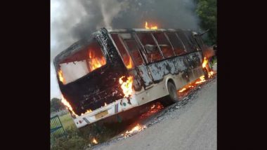 Road Accident in Hyderabad: Bus Gutted After Hitting Bike in Shameerpet, Biker Dead