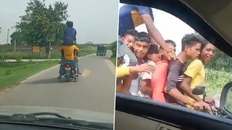 Human Pyramid on Bike in Uttar Pradesh: Seven Youths Ride Two-Wheeler With One Sitting on Pillion Rider’s Shoulder in Hapur, Video Raises Safety Concerns