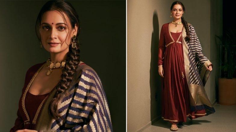 Dia Mirza Serves Ethnic Style Goals in Brown Anarkali Kurta Paired With Dark Blue Zari Work Dupatta