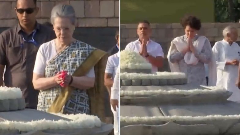 Rajiv Gandhi Birth Anniversary 2023: Congress Leaders Mallikarjun Kharge, Sonia Gandhi and Priyanka Gandhi Vadra Pay Floral Tribute to Former Prime Minister at 'Veer Bhumi' in Delhi (Watch Videos)