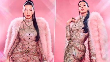 Nora Fatehi Oozes Glam in Pink Diamond Studded Catsuit and Stylish Fur Coat (See Pics)