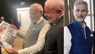 'India's Modi Out Of This World': EAM S Jaishankar Shares Picture of PM Narendra Modi Holding News Daily With India's Historic Feat as its Banner Headline at BRICS Summit in Johannesburg (See Pic)