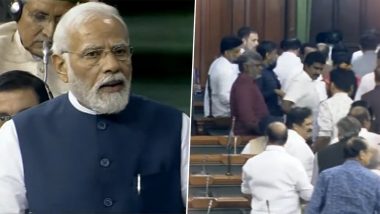 PM Modi Speech in Lok Sabha: Opposition MPs Walk Out of House Amid Prime Minister Narendra Modi's Reply to No-Confidence Motion (Watch Video)
