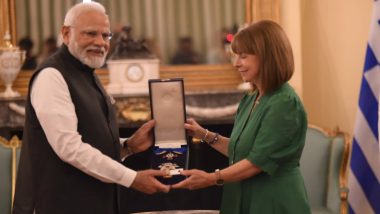 PM Narendra Modi Conferred With Grand Cross of the Order of Honour by Greek President Katerina Sakellaropoulou in Athens (Watch Video)