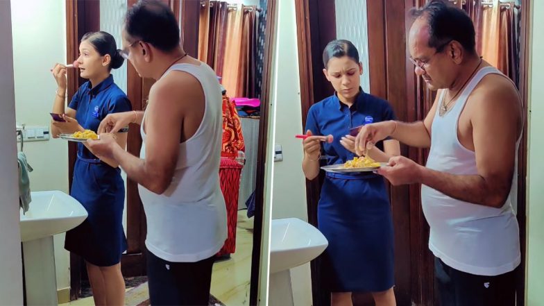 Air Hostess' Dad Feeds Her Food With His Hands While She Gets Ready For Work, Heartwarming Video Goes Viral