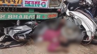 Telangana Road Accident Video: Lorry Runs Over Man Parking His Bike in Bhupalpally Town, Disturbing Clip Goes Viral