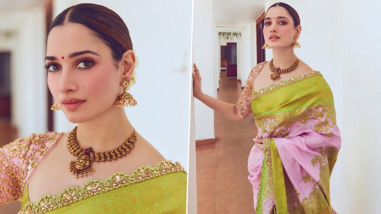 Tamannaah Bhatia Looks Like a Dream in Green and Pink Saree Paired With Statement Gold Jewellery (See Pics)