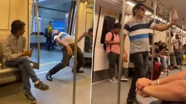 Delhi Metro Viral Video: Man Bends Backwards, Balances on One Leg and Performs Stunts in Metro Coach, Weird Actions Confuses Onlookers (Watch)