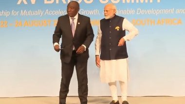 PM Narendra Modi Notices Tricolour on Ground at BRICS Meeting, Picks It Up; SA President Cyril Ramaphosa Follows Suit (Watch Video)