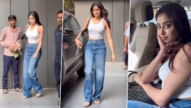 Janhvi Kapoor Flashes a Cute Smile in Cropped White Top and Stylish Flare Jeans! (Watch Video)