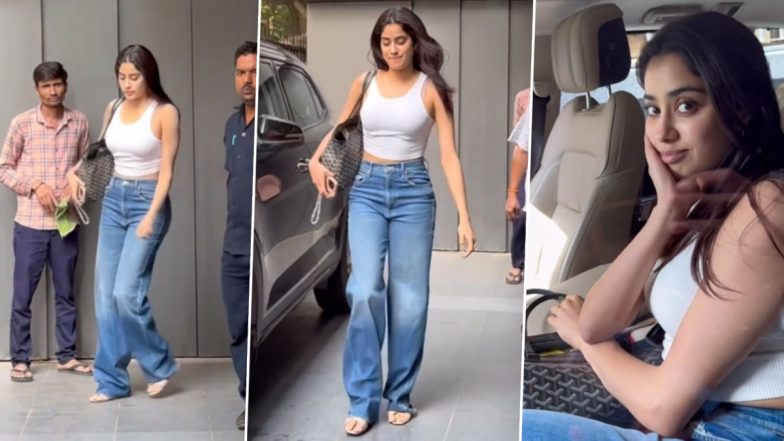 Janhvi Kapoor Flashes a Cute Smile in Cropped White Top and Stylish Flare Jeans! (Watch Video)