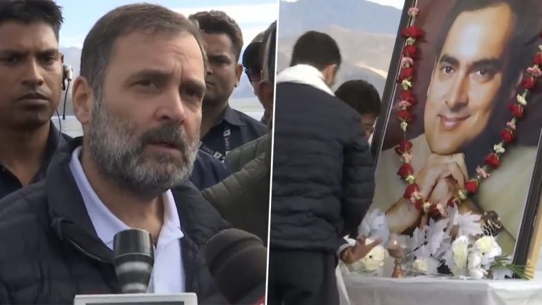 Rajiv Gandhi Birth Anniversary: Rahul Gandhi Pays Tributes to His Late Father in Ladakh (Watch Videos)