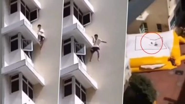 Man Trips From a High Rise Building and Lands on a Soft Surface, Terrifying Video of the Daredevil Act Goes Viral (Watch)