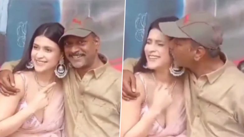 AS Ravi Kumar Chowdary Catches Mannara Chopra off Guard After He Gives Her a Kiss During Public Event, Watch Viral Video