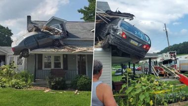 US Car Crash: Four-Wheeler Crashes Into Second Floor of House in Pennsylvania, Remains Dangling From Roof (See Pics)