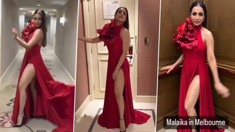 Malaika Arora Redefines Glamour in a Red Thigh-High Slit Gown As She Attends IFFM (Watch Video)