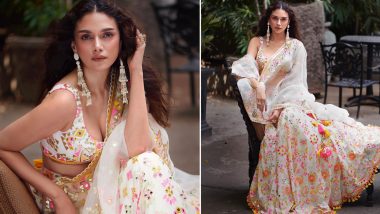 Aditi Rao Hydari Stuns in White Mirrorwork Floral Lehenga Choli Paired With Low Cut Blouse