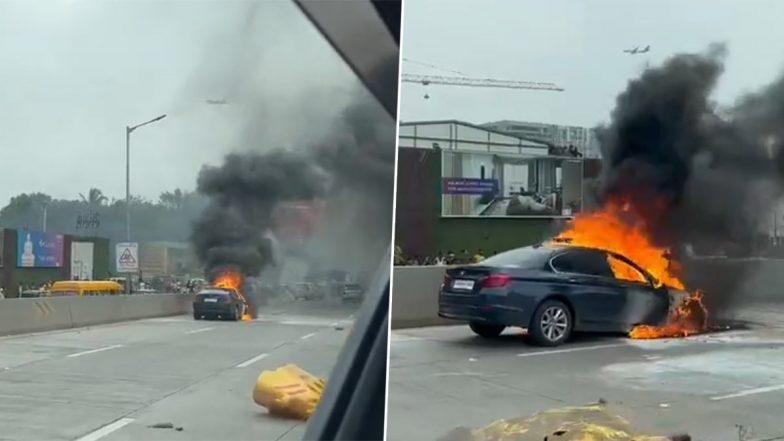 BMW on Fire in Mumbai Videos: Luxury Car Goes Up in Flames on Busy Eastern Express Highway in Ghatkopar, Traffic Affected