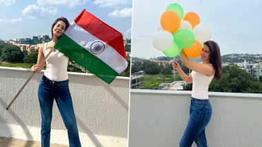 Raashii Khanna Poses With Indian National Flag on Independence Day 2023, Looks Effortlessly Chic in Classic Blue and White Look (View Pics)