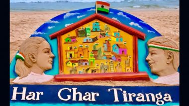 Independence Day 2023 Sand Art: Sudarsan Pattnaik's Students Make Beautiful 'Har Ghar Tiranga' Sand Art at Puri Beach in Odisha (See Pic)
