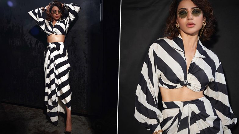 Samantha Ruth Prabhu Strikes Glamorous Poses in Black and White Striped Co-Ord Set